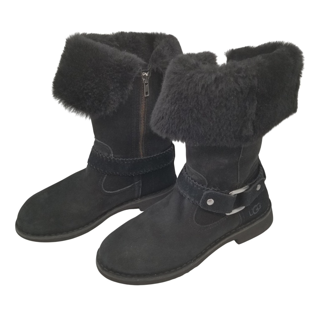 UGG Simmens Black Suede Sheepskin Cuff Mid Calf Boots 1012361 Womens 9